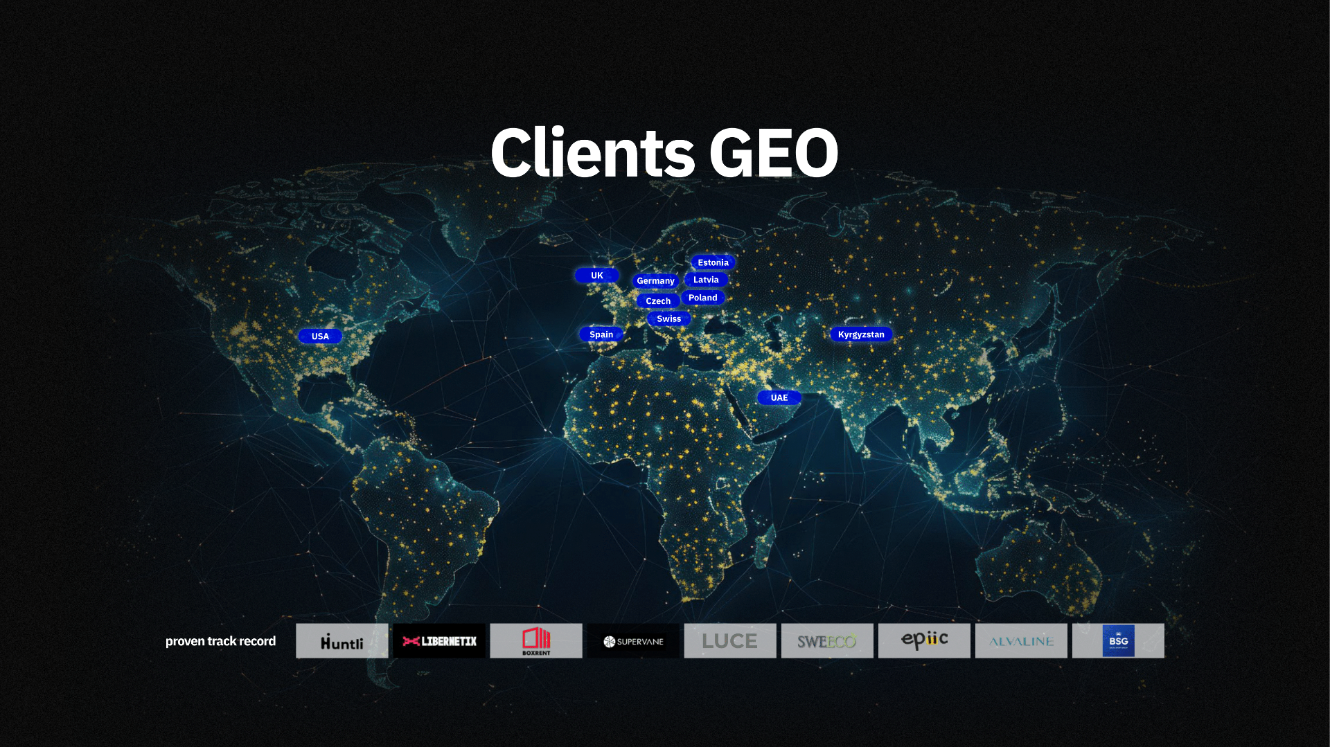 World map showing John Galt Finance clients across EU, UK, US, MENA and APAC